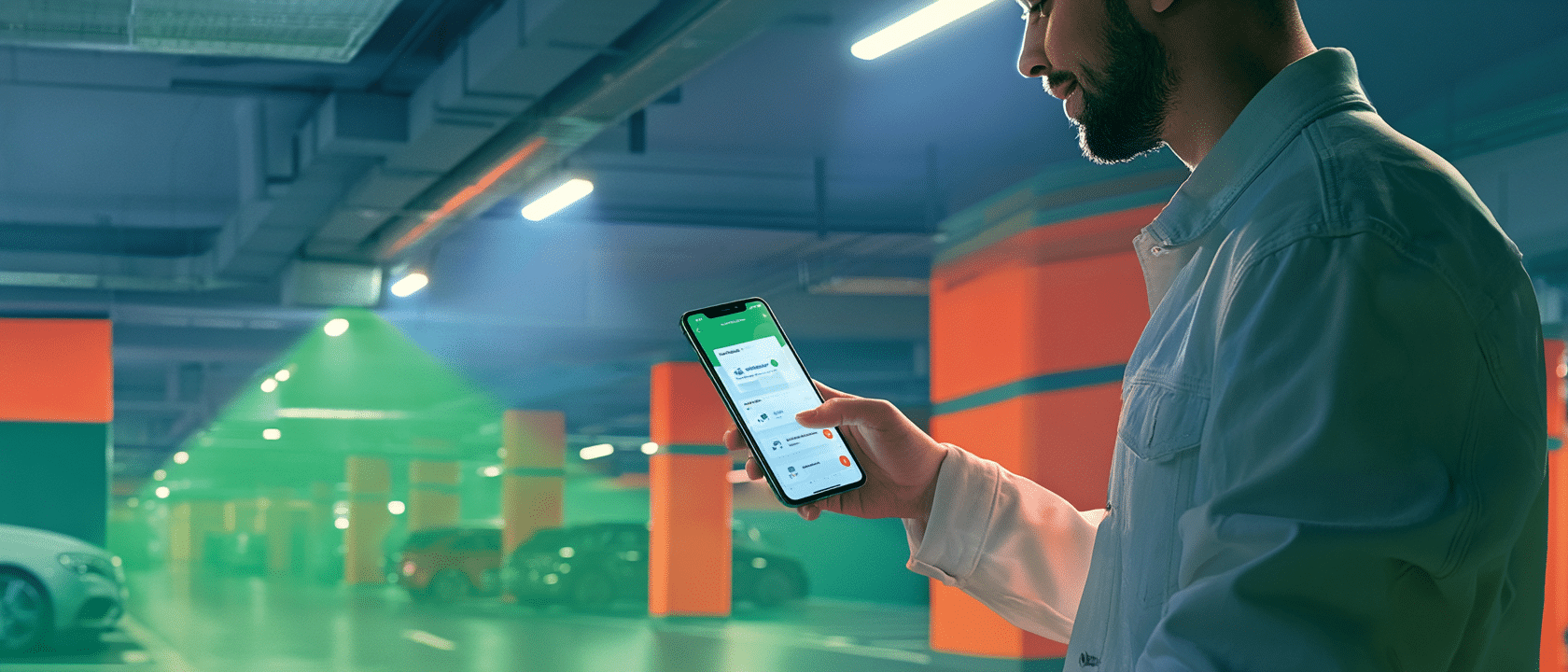 Illustration : un conducteur consulte l'application e-Colibri™ sur son smartphone dans un parking souterrain