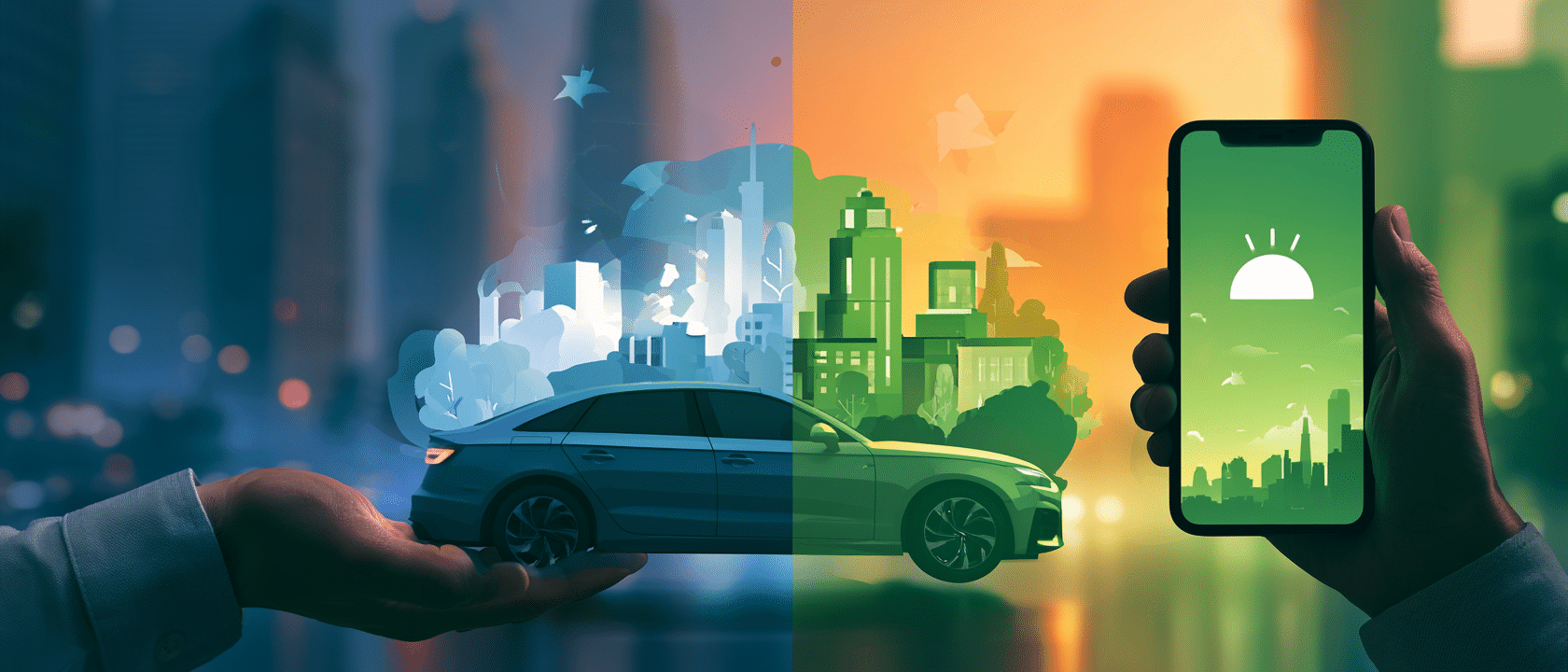 Illustration : une voiture passe d'une main à l'autre, du collaborateur au pool d'autopartage piloté depuis le smartphone